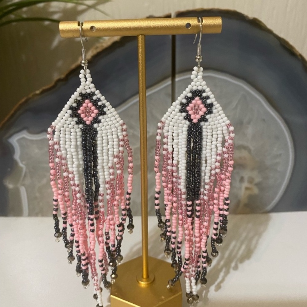Chic Beaded Fringe Earrings - Pink, Black, and White